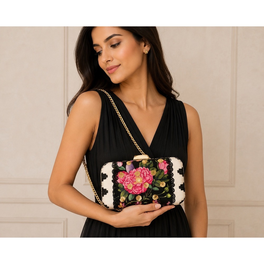 Khaadi Floral Embroidered Box Clutch Bag with Gold Chain Strap NWT